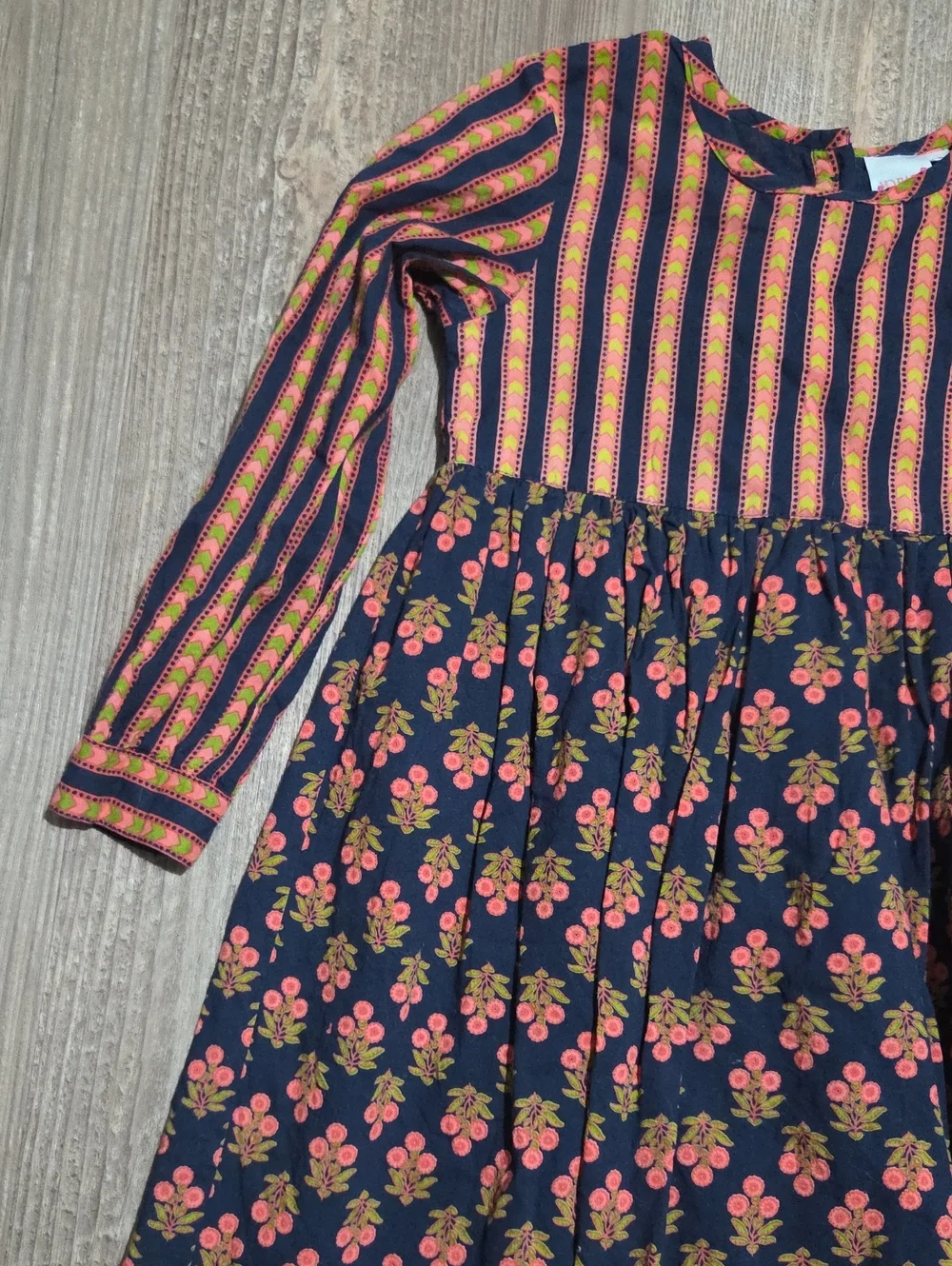 Girls' Yobaby Navy Floral & Stripe Long-Sleeve Dress